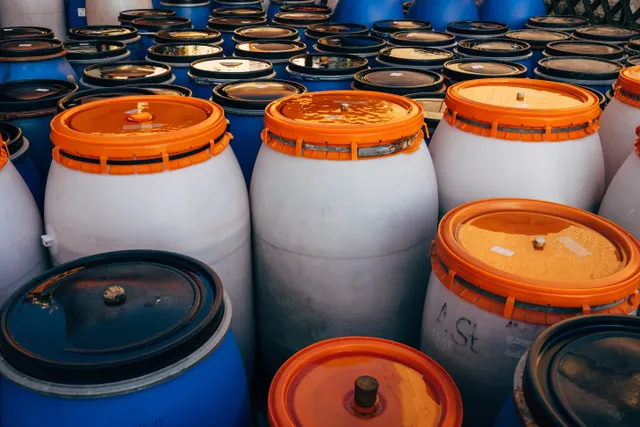 Industrial chemical drums in storage